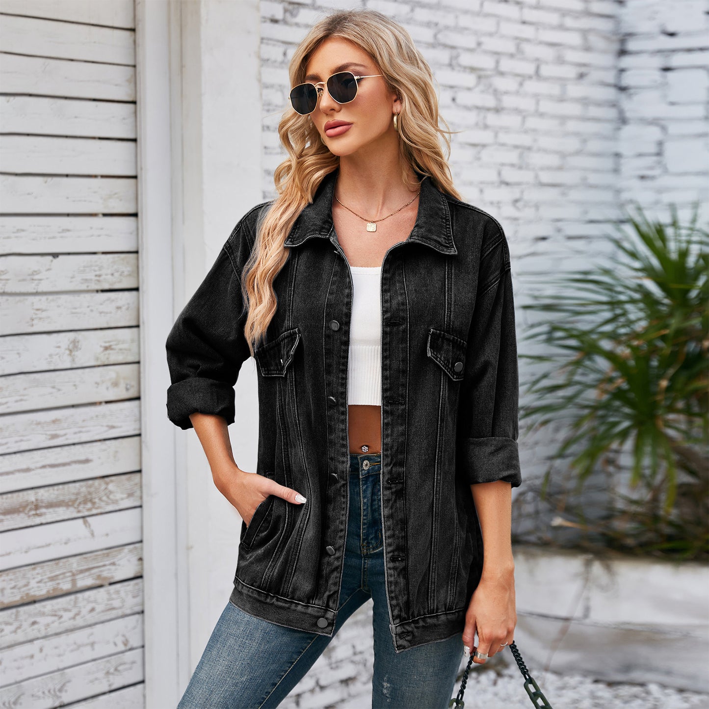 Washed Loose Long Sleeve Denim Coat Top