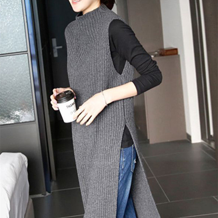 Half Turtleneck Split Outer Sweater Vest Jumper Skirt