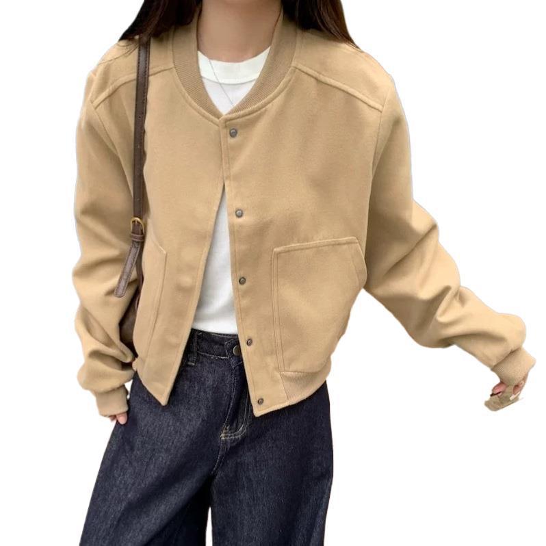 Korean Style Retro Solid Color Autumn Leisure Temperament Baseball Uniform Short Jacket