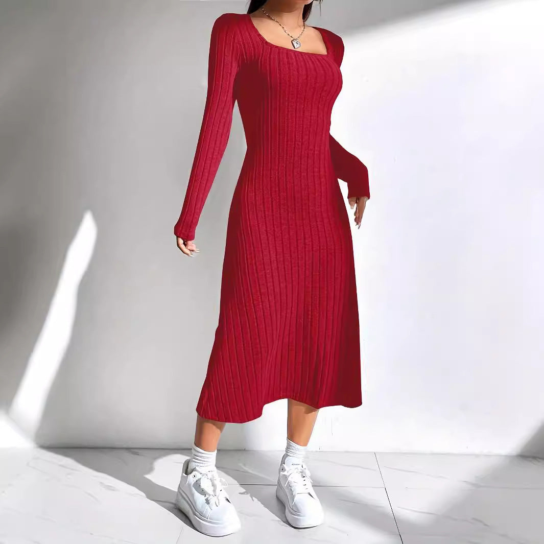 Thread Knitted Sunken Stripe Long Sleeve Big Hem Dress