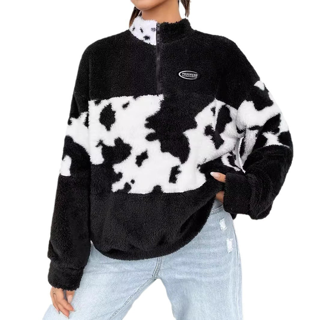 Women's Contrast Color Loose Fleece Sweatshirt