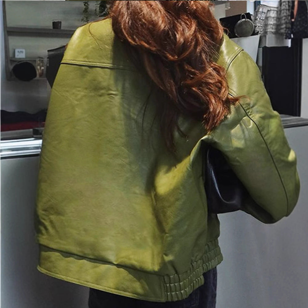 Turn-down Collar Green Leather Fashionable Jacket