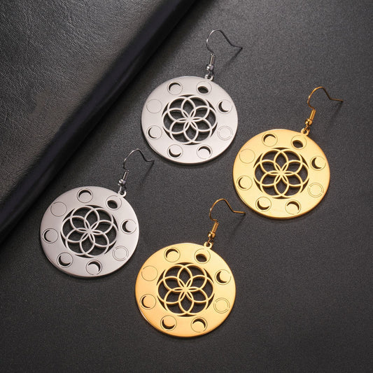 Moon Phase Round Pendant Earrings Women's Stainless Steel Earrings