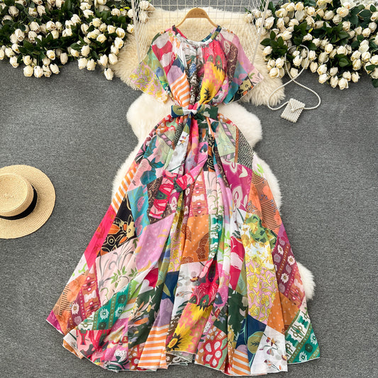 Printed Lace Up Waist-tight Dress