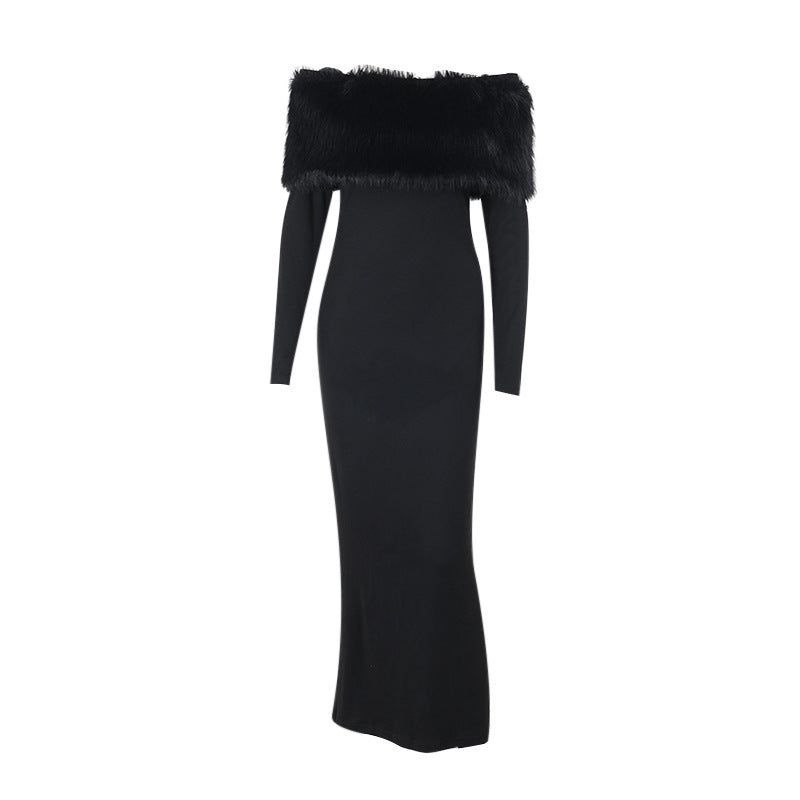 Off-shoulder Fur Collar Slim Fit Dress Women