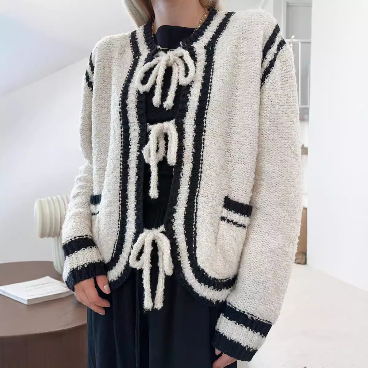 Knitted Lace-up Pocket Sweater Coat Women's Clothing