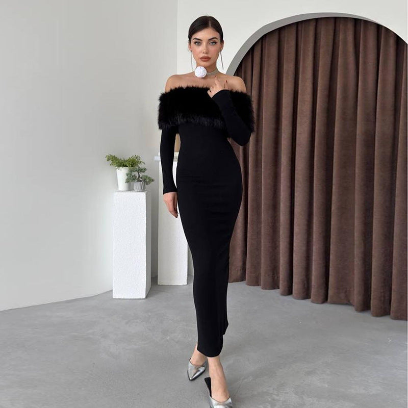 Off-shoulder Fur Collar Slim Fit Dress Women