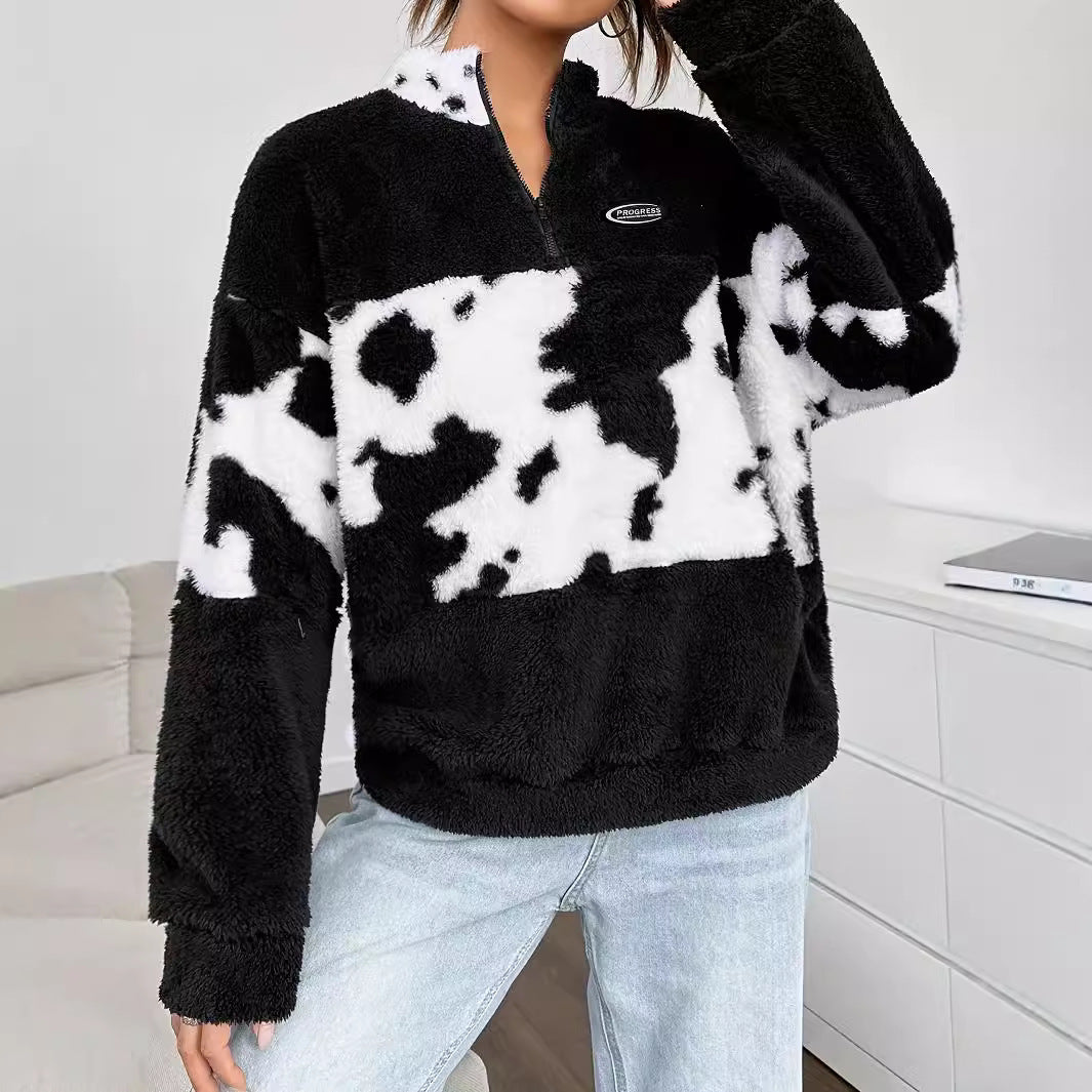 Women's Contrast Color Loose Fleece Sweatshirt