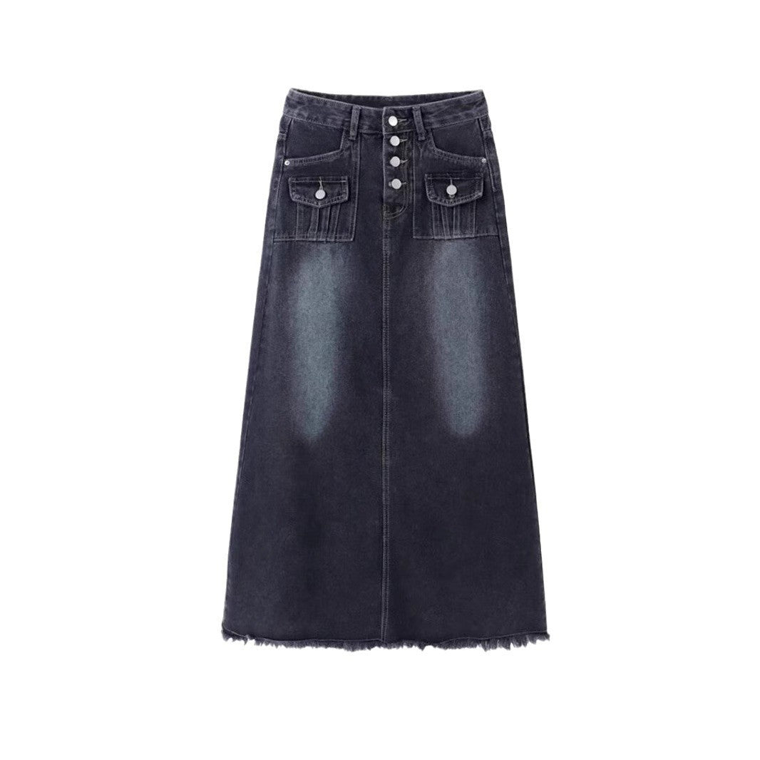 Autumn High Waist Retro Straight Loose Long Denim Skirt For Women