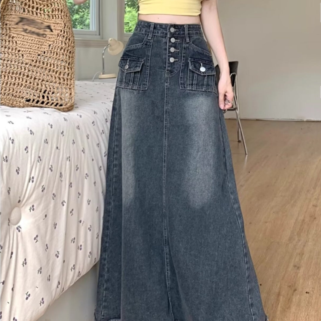 Autumn High Waist Retro Straight Loose Long Denim Skirt For Women