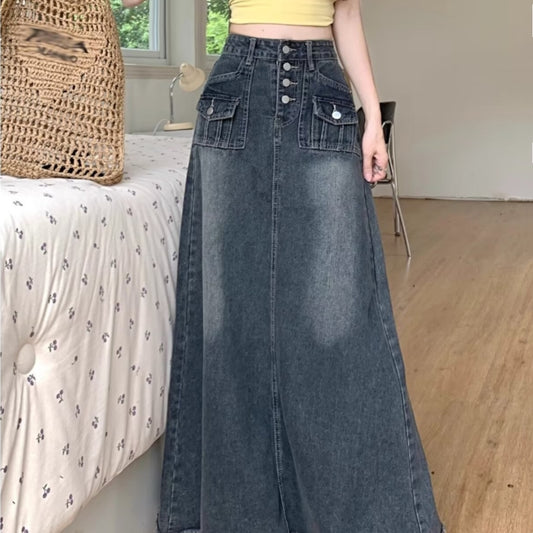 Autumn High Waist Retro Straight Loose Long Denim Skirt For Women