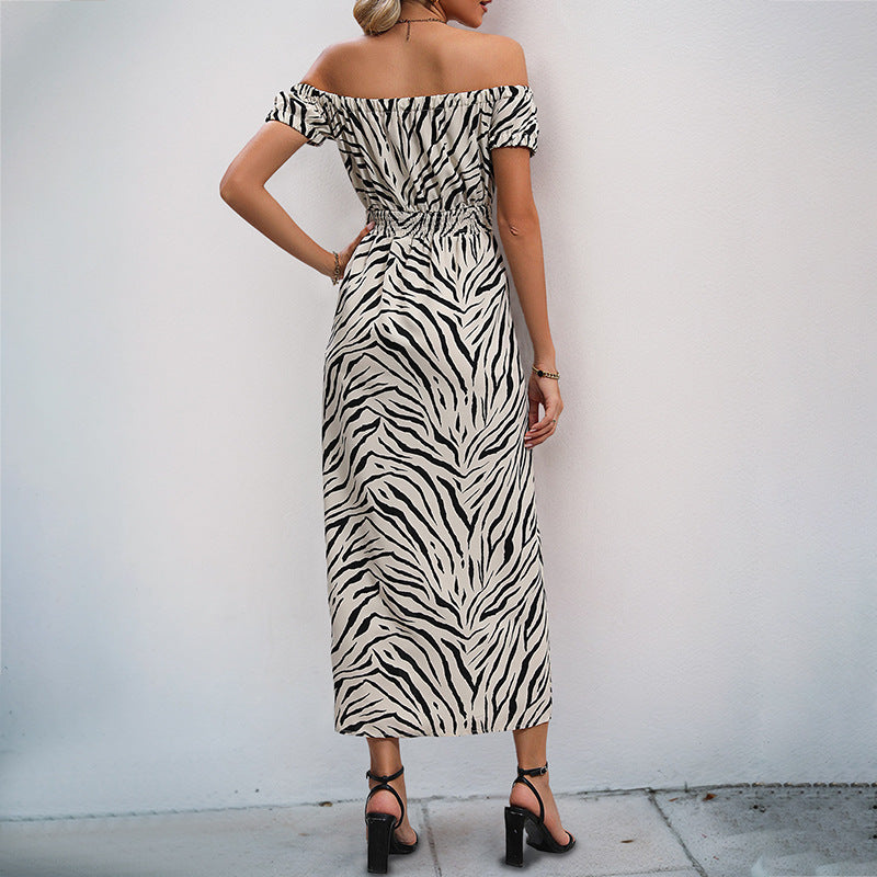 Mid-length Split Striped Off-shoulder Dress