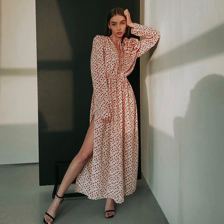 Sexy Deep V-neck Lace-up Waist Side Slit Floral Dress