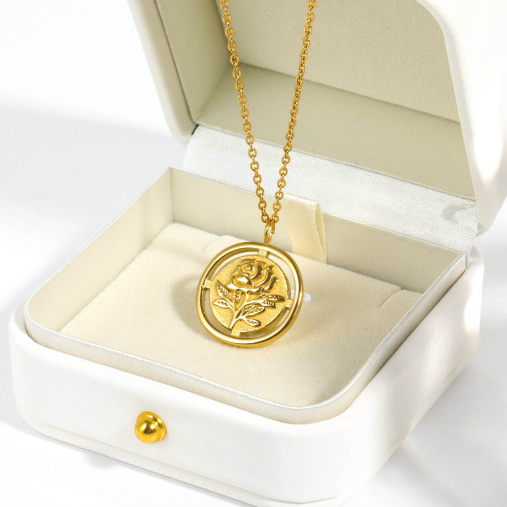 Titanium Steel French Retro Three-dimensional Flower Cutout Rose Necklace Electroplated 18K Gold