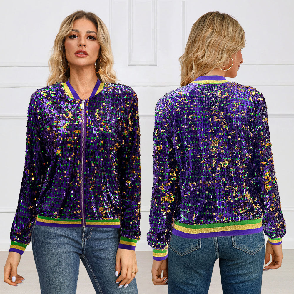 Women's Fashion Long Sleeve Sequined Trendy Baseball Uniform Jacket Cardigan Jacket