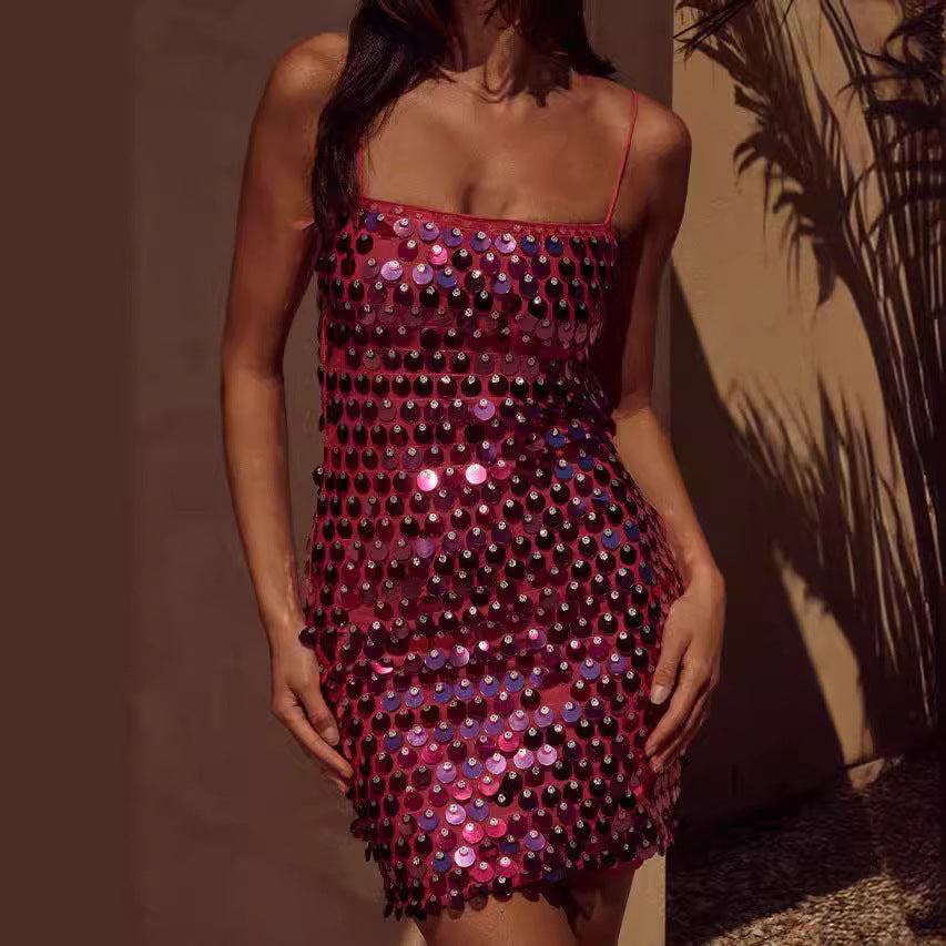 Off-neck Slim Fit Sequined Suspender Sheath Dress