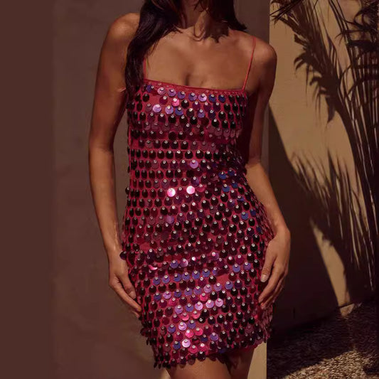 Off-neck Slim Fit Sequined Suspender Sheath Dress