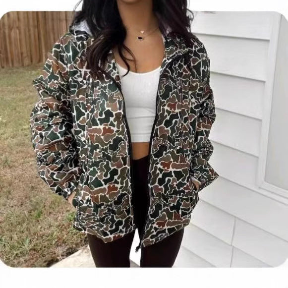 Camouflage Long Sleeve Zipper Rain Jacket Women