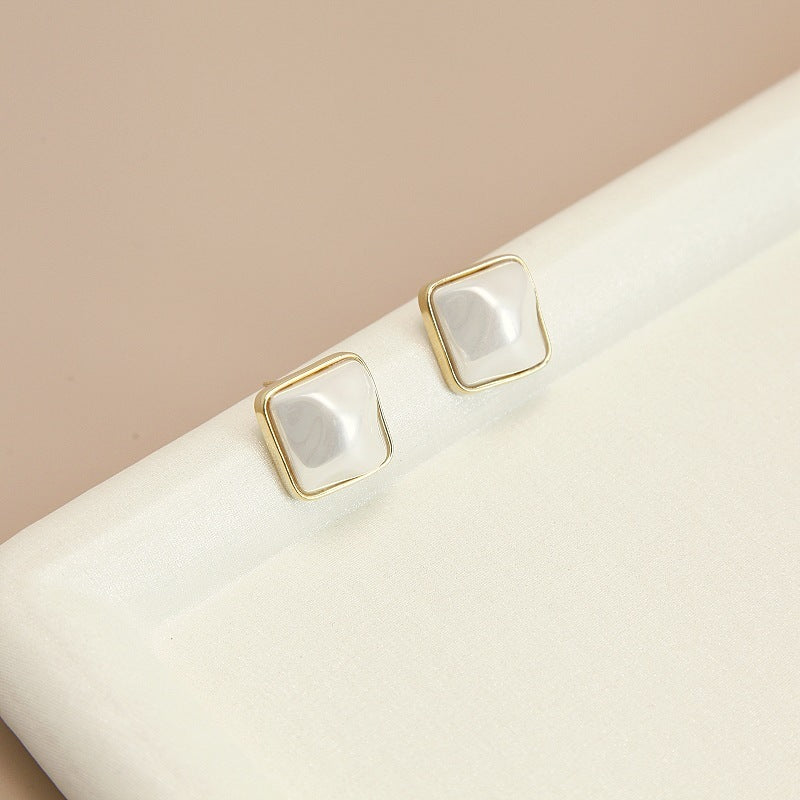 Copper Plated Gold Sterling Silver Needle Simple Beautiful Square Shell Pearl Ear Studs