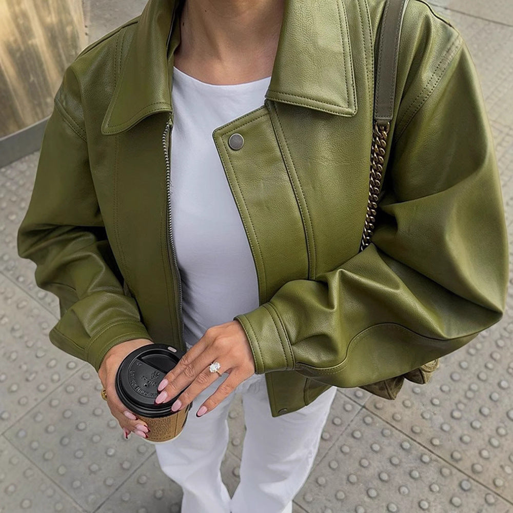 Turn-down Collar Green Leather Fashionable Jacket