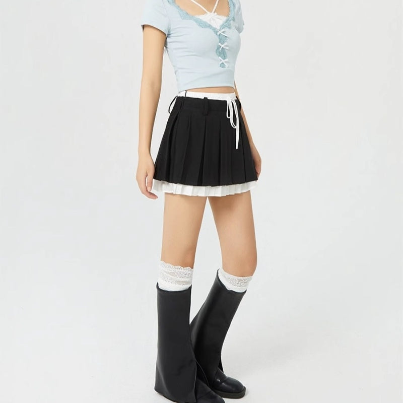 High Waist College Style Fake Two-piece Fashion Slimming A- Line Pleated Short Skirt
