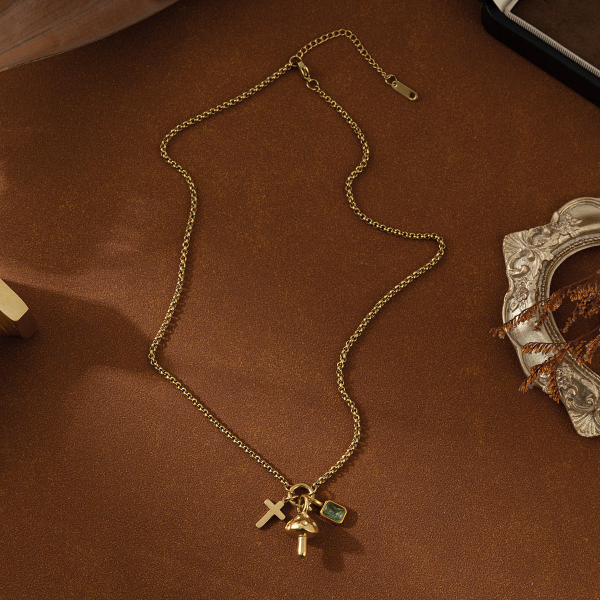 European And American Fashion Commuter Stainless Steel Cross Shelf Mushroom Pendant Niche Color Zircon Necklace