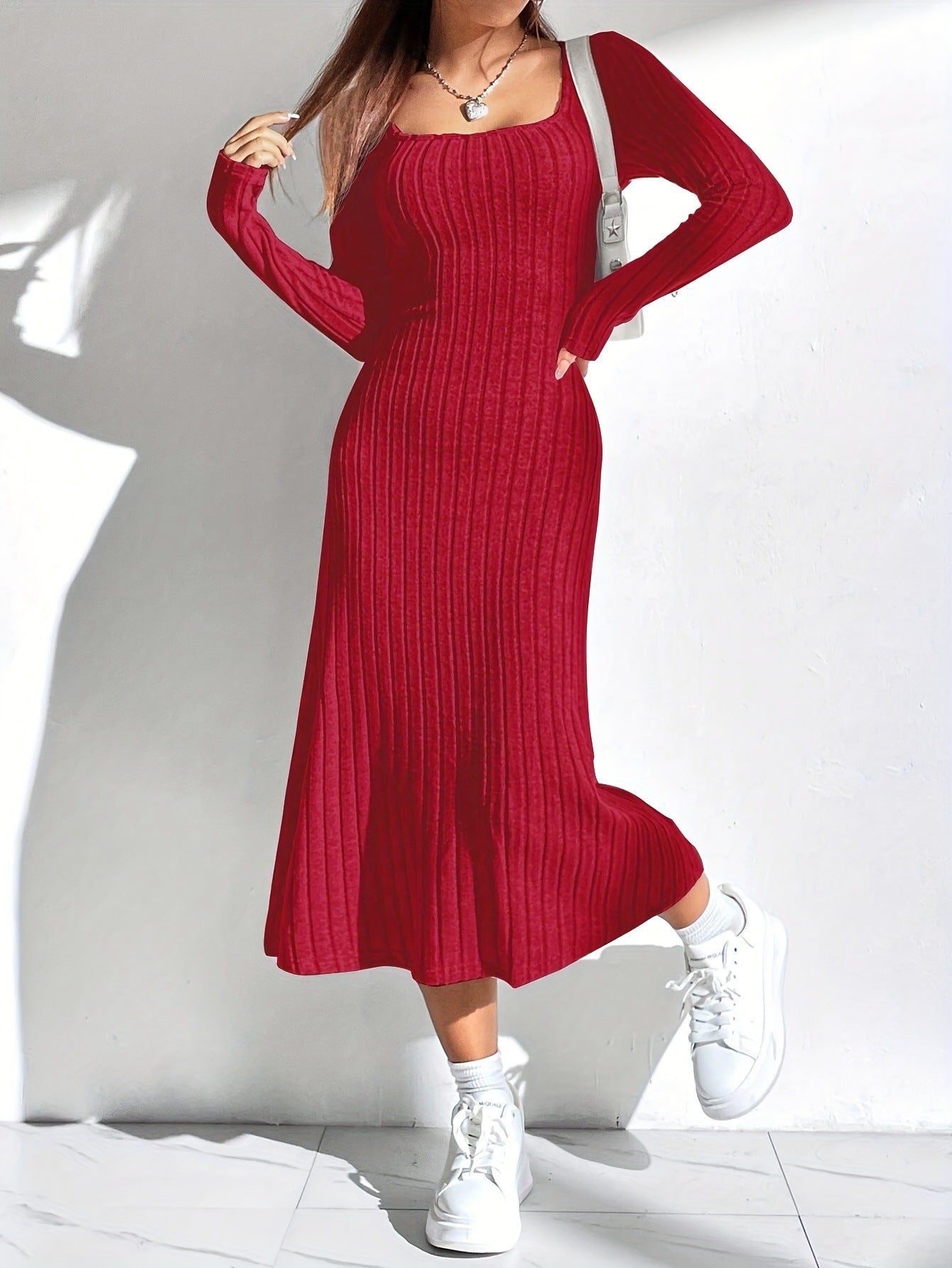 Thread Knitted Sunken Stripe Long Sleeve Big Hem Dress