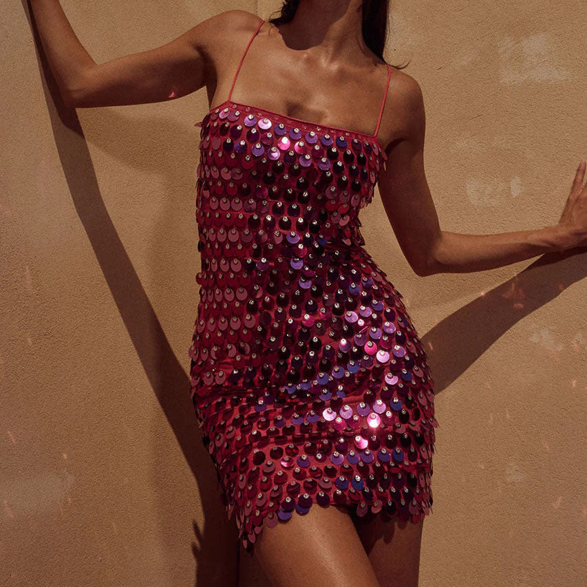 Off-neck Slim Fit Sequined Suspender Sheath Dress