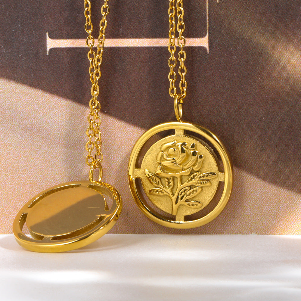 Titanium Steel French Retro Three-dimensional Flower Cutout Rose Necklace Electroplated 18K Gold