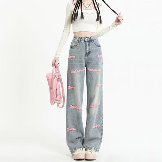European Letter Embroidered Straight Jeans Design