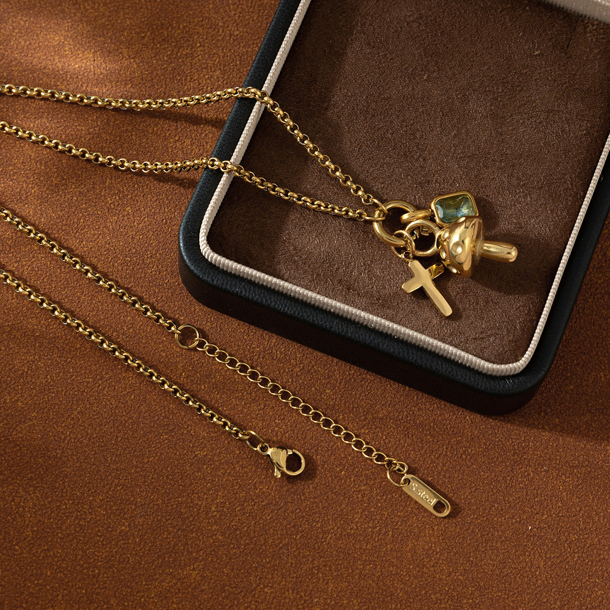 European And American Fashion Commuter Stainless Steel Cross Shelf Mushroom Pendant Niche Color Zircon Necklace