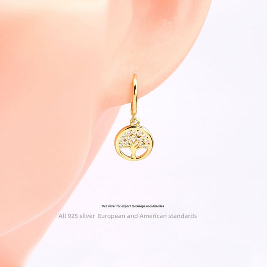 S925 Sterling Silver Inlaid Zircon Lucky Tree Earrings High Quality Gold Plated Ear Clip