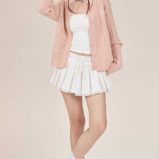 New High Waist Slimming Elegant Sweet And Spicy Lace Edge A- Line Pleated Short Skirt For Women