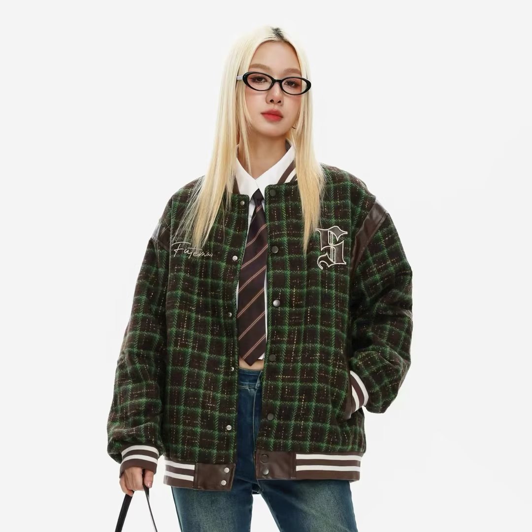 Autumn Chic Plaid Embroidered Baseball Uniform Coat