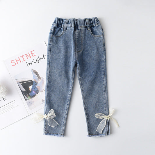 Korean Style Young And Little Girls Baby Sweet Fashion Bowknot Slim Jeans Fashion