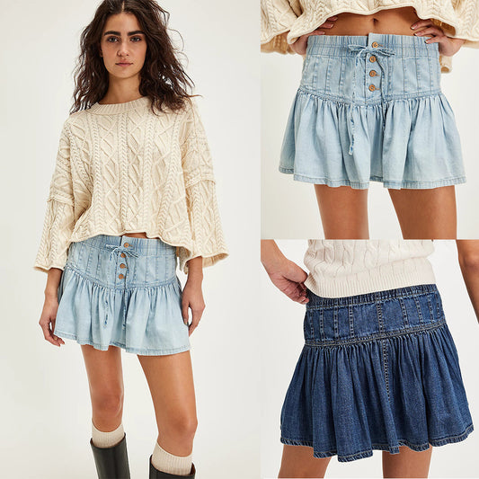High Waist A- Line Casual Versatile Retro Denim Pleated Skirt