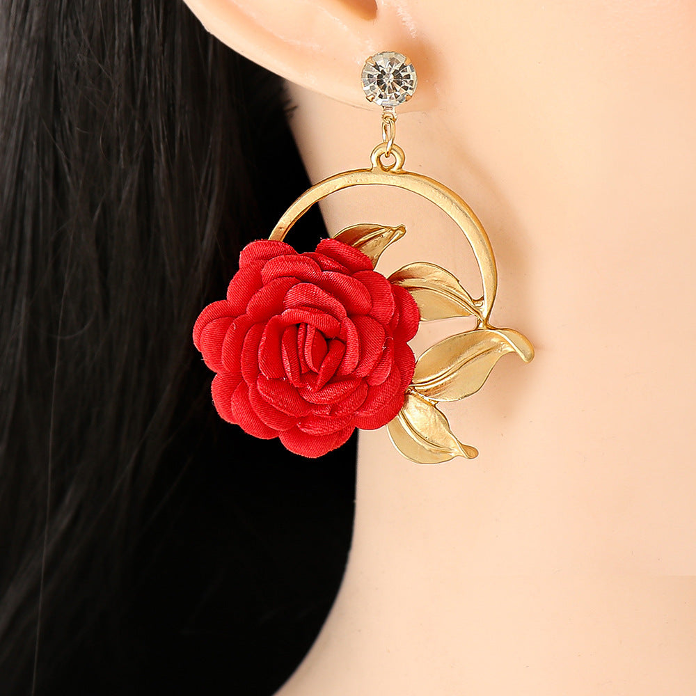 Ear Hanging Cloth Flower Earrings