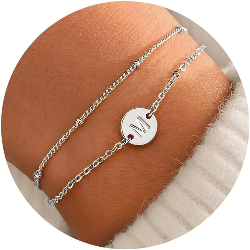 Silver Round 26 Letters Double Layer Bracelet Female Stainless Steel Small Rice-shaped Beads Layered