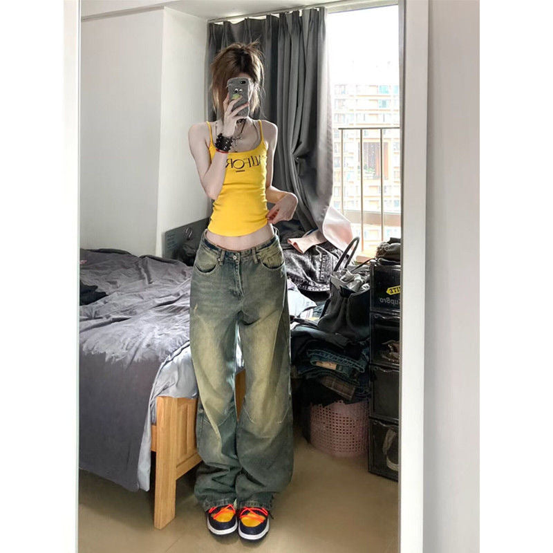 Retro Wide Leg Jeans Women's High Waist Loose Distressed Straight-leg Pants