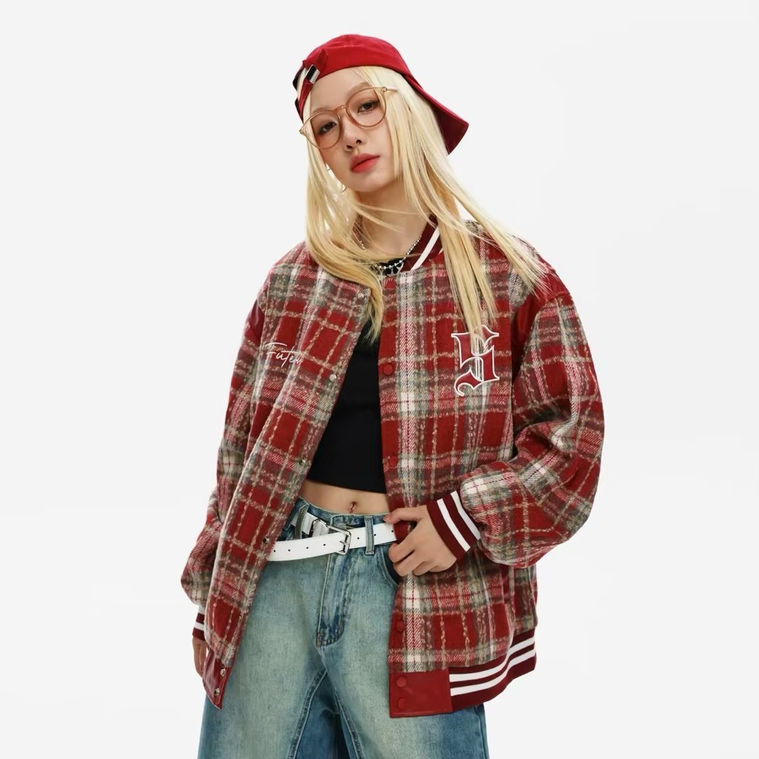 Autumn Chic Plaid Embroidered Baseball Uniform Coat