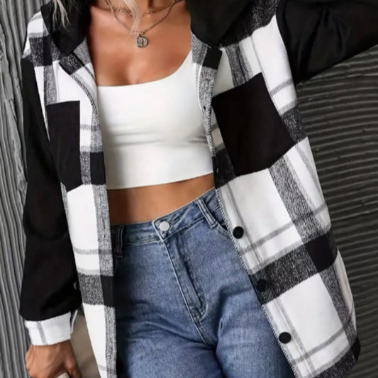 Hooded Jacket Plaid Printed Women's Button Casual Coat