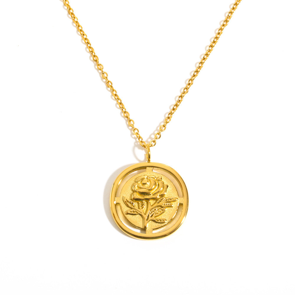 Titanium Steel French Retro Three-dimensional Flower Cutout Rose Necklace Electroplated 18K Gold