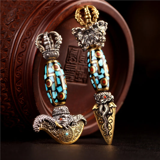 Tibetan Legend Buddha Utensils Dharma-vessel Trigug Pendant Vintage Silver Elephant Nose Tibet Beads