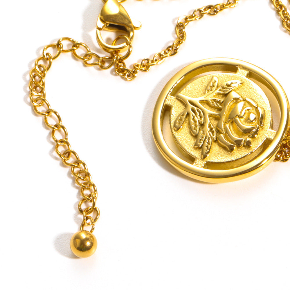 Titanium Steel French Retro Three-dimensional Flower Cutout Rose Necklace Electroplated 18K Gold