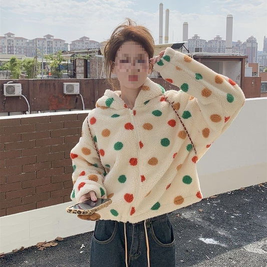 Korean-style Cute Lamb Wool Colorful Polka Dot Coat