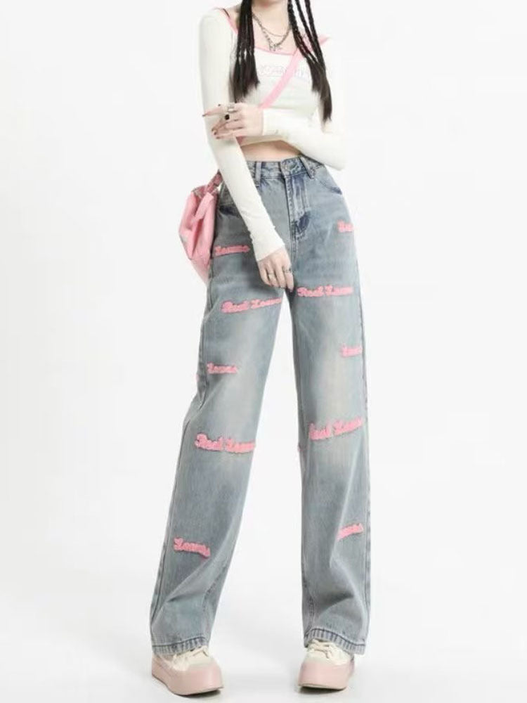 European Letter Embroidered Straight Jeans Design