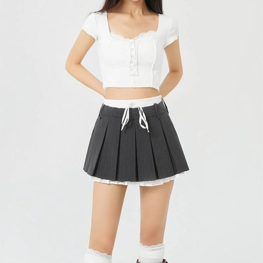 High Waist College Style Fake Two-piece Fashion Slimming A- Line Pleated Short Skirt