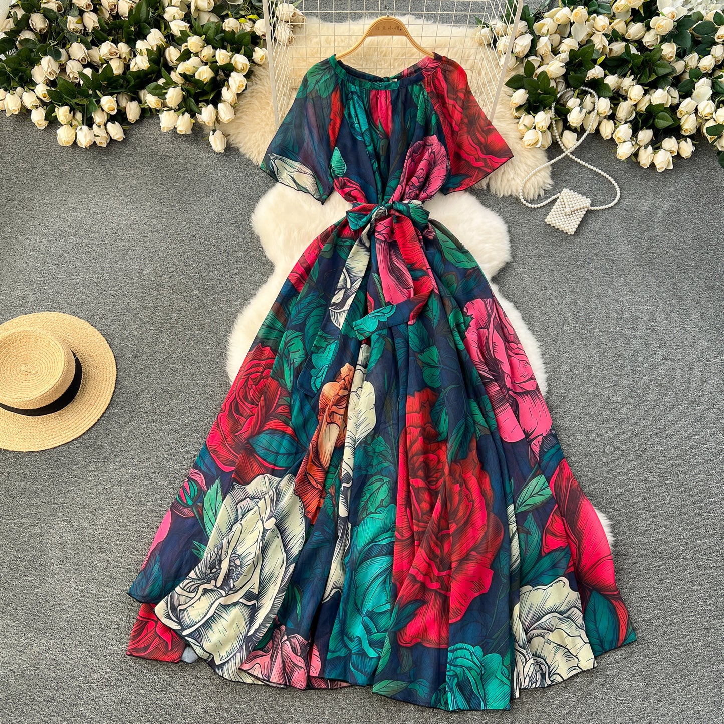 Printed Lace Up Waist-tight Dress