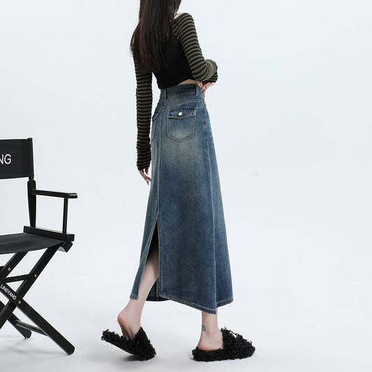 Denim Skirt Design Pocket Slit Retro Hip-wrapped Midi Skirt