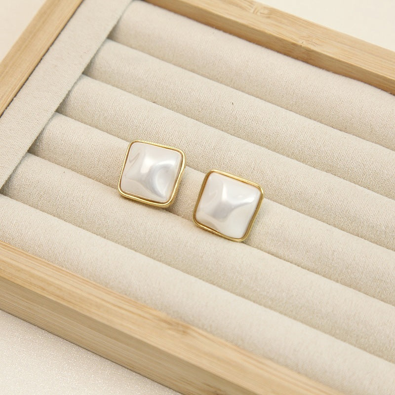 Copper Plated Gold Sterling Silver Needle Simple Beautiful Square Shell Pearl Ear Studs